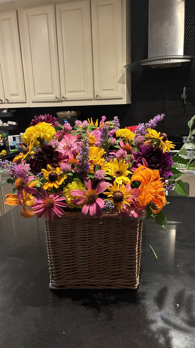 A colorful basket of wildflowers